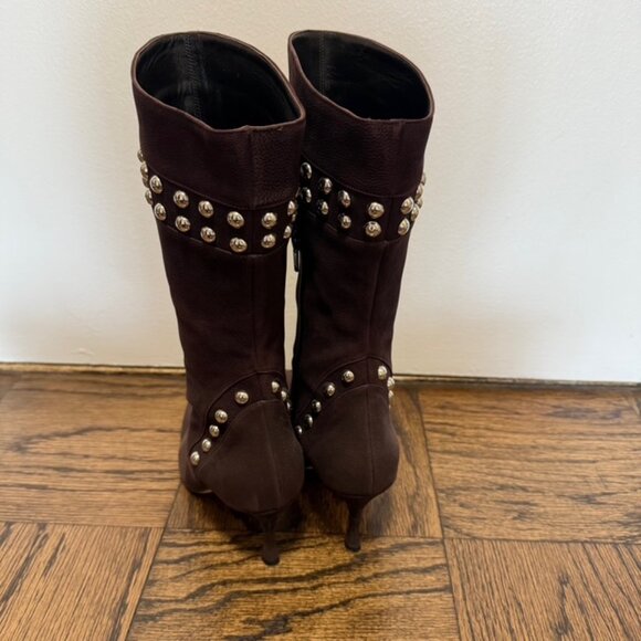 Manolo Blahnik Nenbiemi Brown Nubuck Leather Boots w/Silver Studs Size 38.5 US 8 - Picture 5 of 13